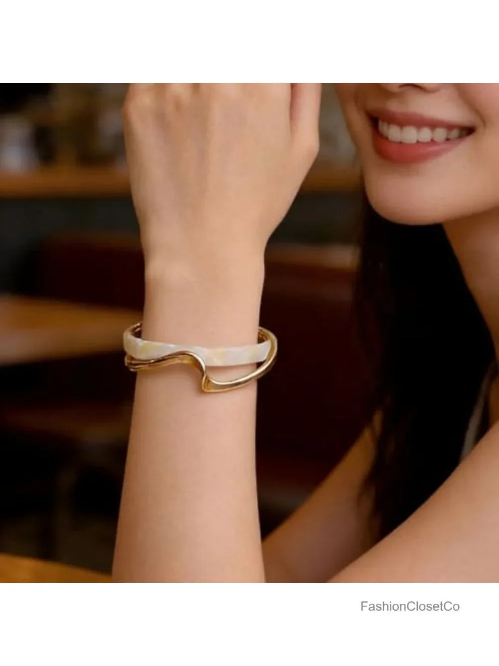 Wave Resin Bangle Bracelet, Gold Metal Wrapped Acrylic Open Cuff, Irregular